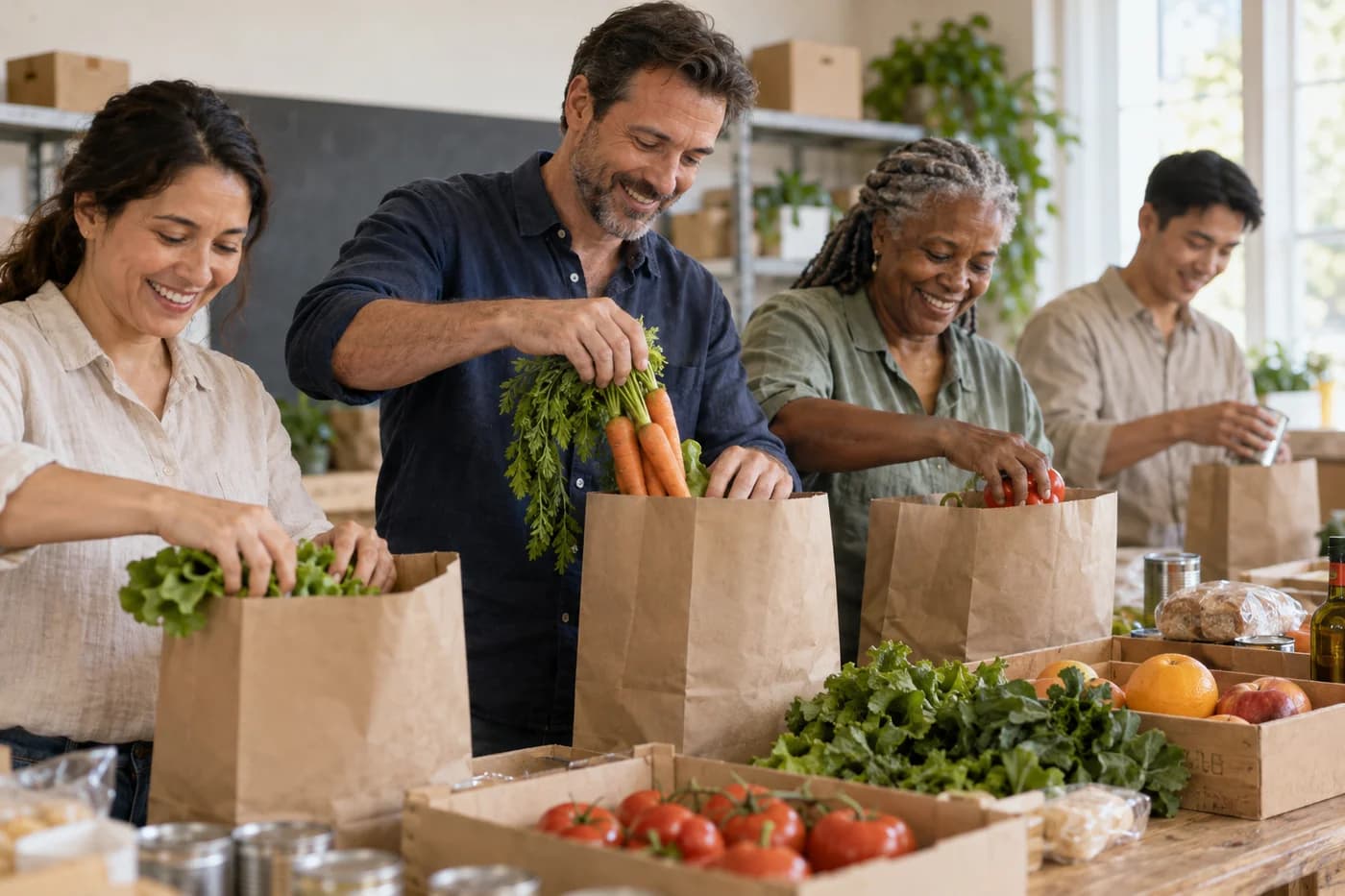 Illustrative volunteers preparing groceries together