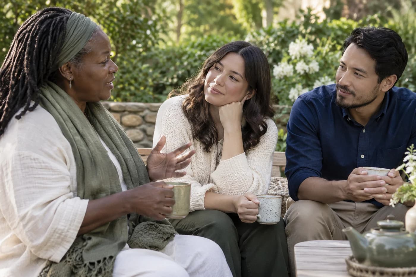 Adults listening to one another in a peaceful garden